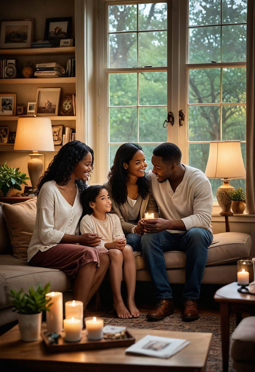 A warm and heartfelt scene depicting a diverse family gathered in a cozy living room, sharing memories and comforting each other amidst soft lighting and nostalgic decorations. The atmosphere exudes love and support, with family heirlooms subtly displayed, symbolizing legacies. Include a window showing a serene, rainy day outside, enhancing the mood of reflection and closeness. painting. soft colors. intimate details.